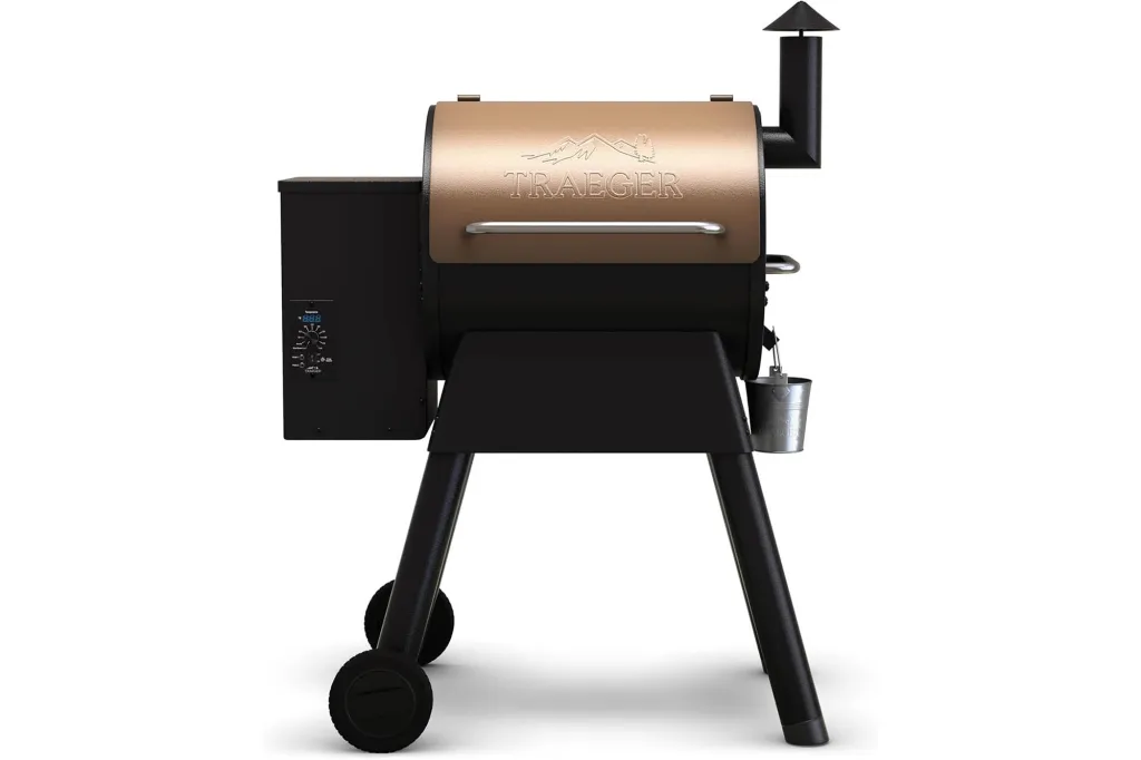 Traeger grill and smoker with a bronze lid, black body, and digital controls.