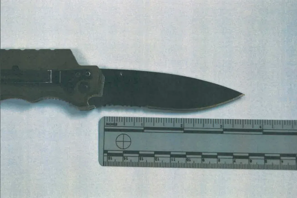 The murder weapon, a black folding knife, is pictured next to a ruler for scale.