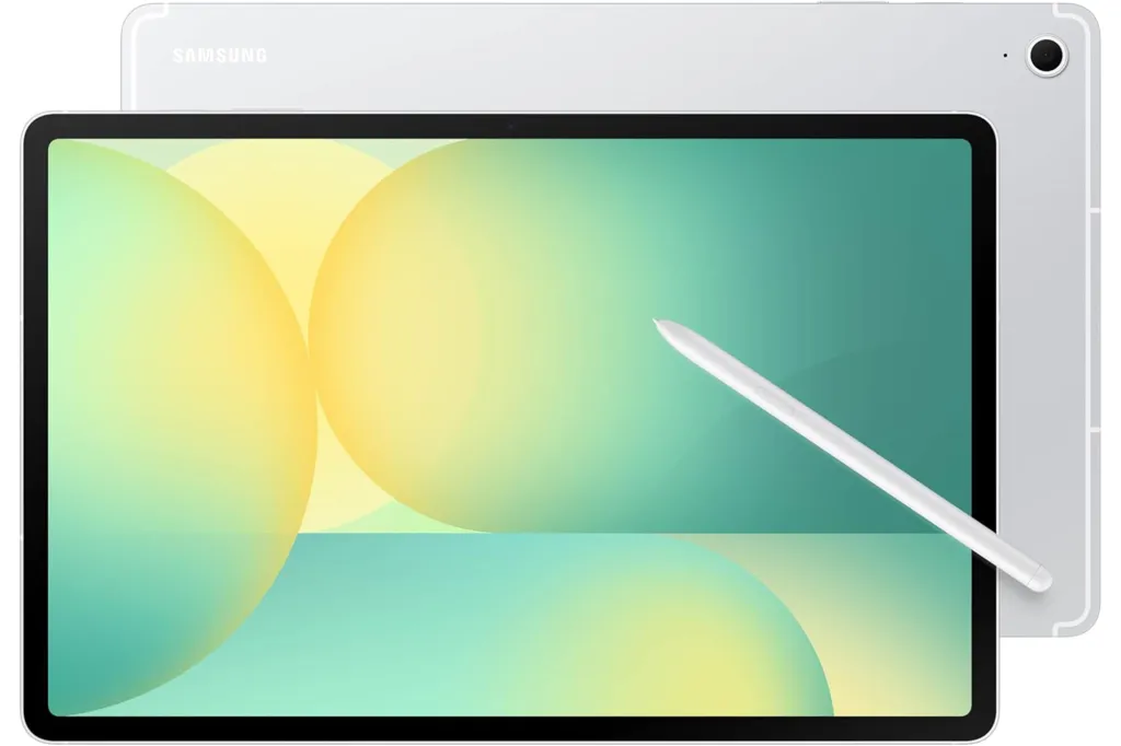 Illustration of a Samsung tablet in silver with a white S Pen stylus, displaying a colorful background.