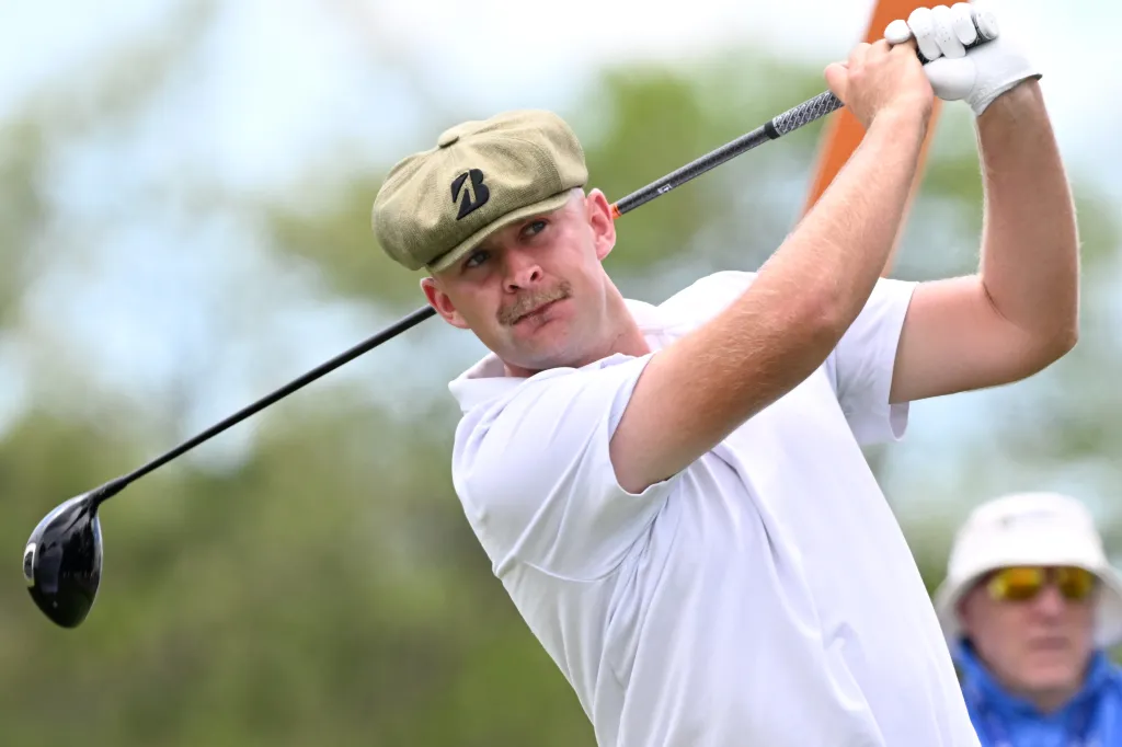 Harry Hall hitting his tee shot during the third round of the RBC Canadian Open golf tournament.