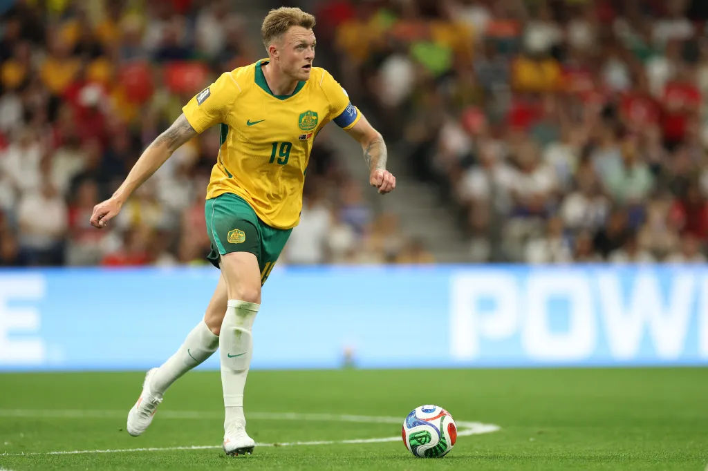 Harry Souttar of Australia controls the ball during a FIFA World Cup 2026 match against Türkiye.