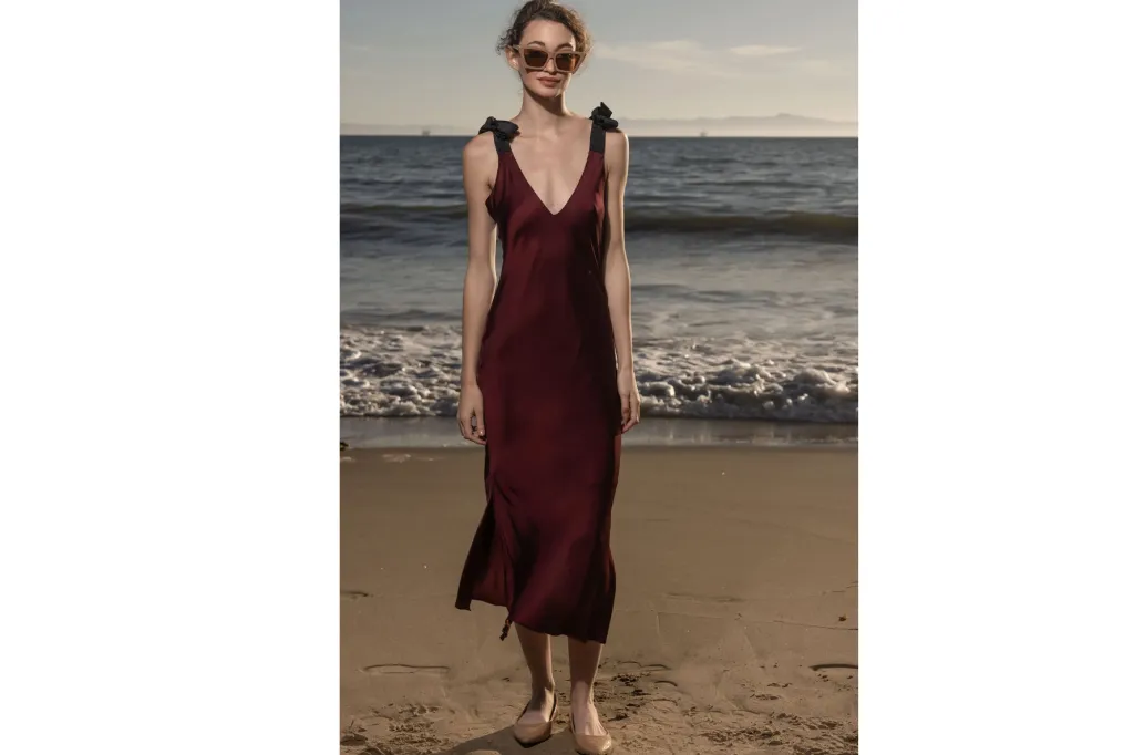 Woman in a red satin dress with black bow straps and sunglasses on a beach.