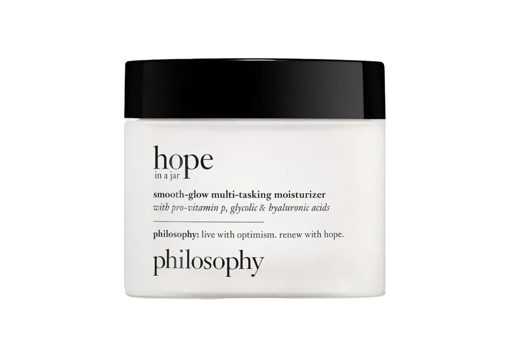 Philosophy Hope in a Jar smooth-glow multi-tasking moisturizer with pro-vitamin P, glycolic, and hyaluronic acids.