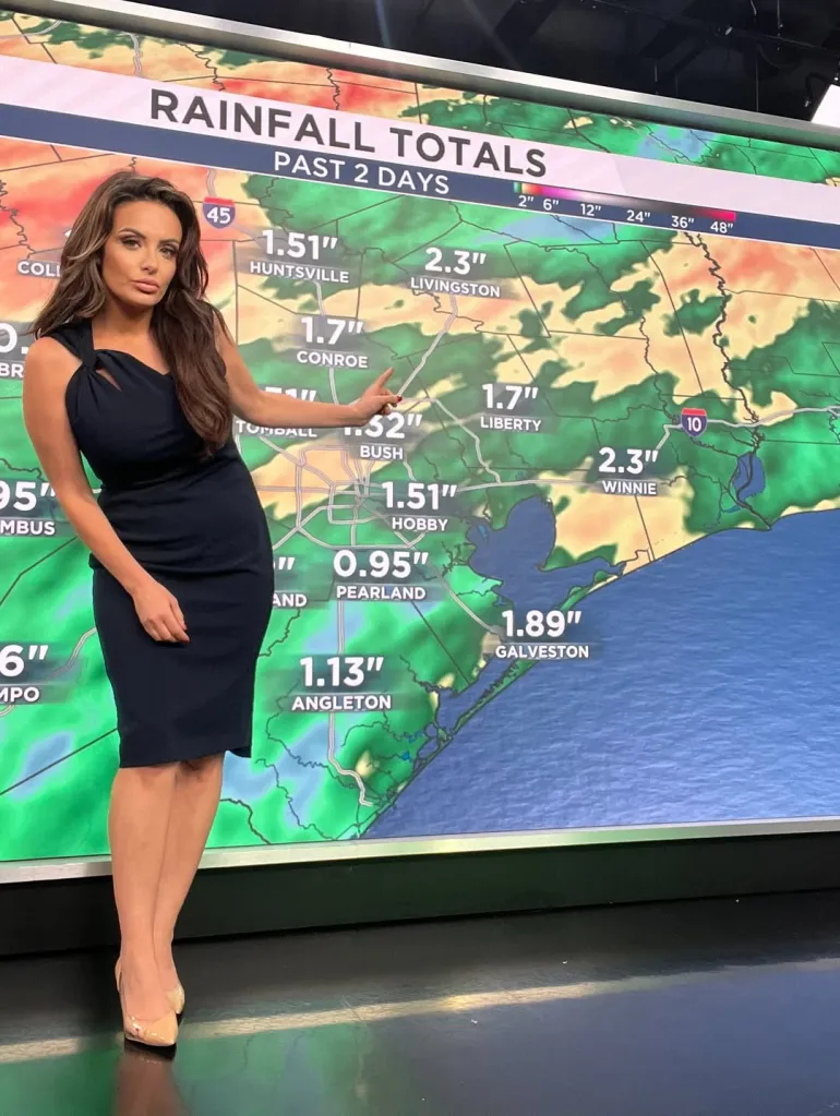 A female meteorologist presents rainfall totals on a screen showing a map of various Texas cities and their rainfall over the past 2 days.