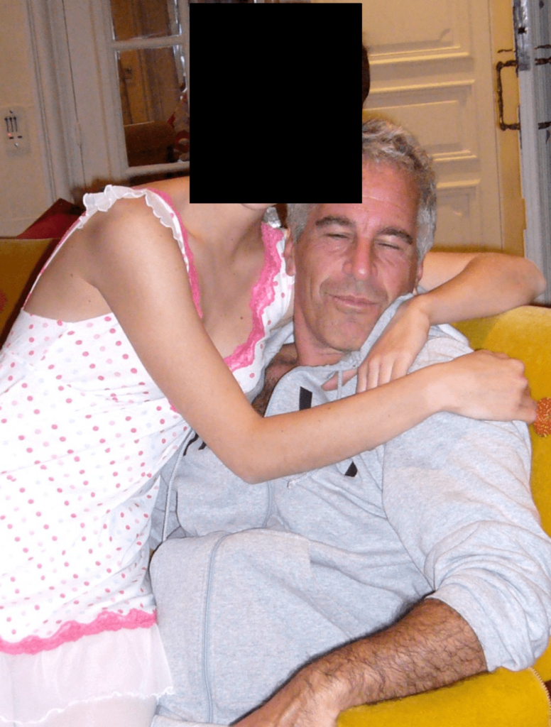 Jeffrey Epstein with a young female with her face censored, with her arms around him on his 54th birthday.