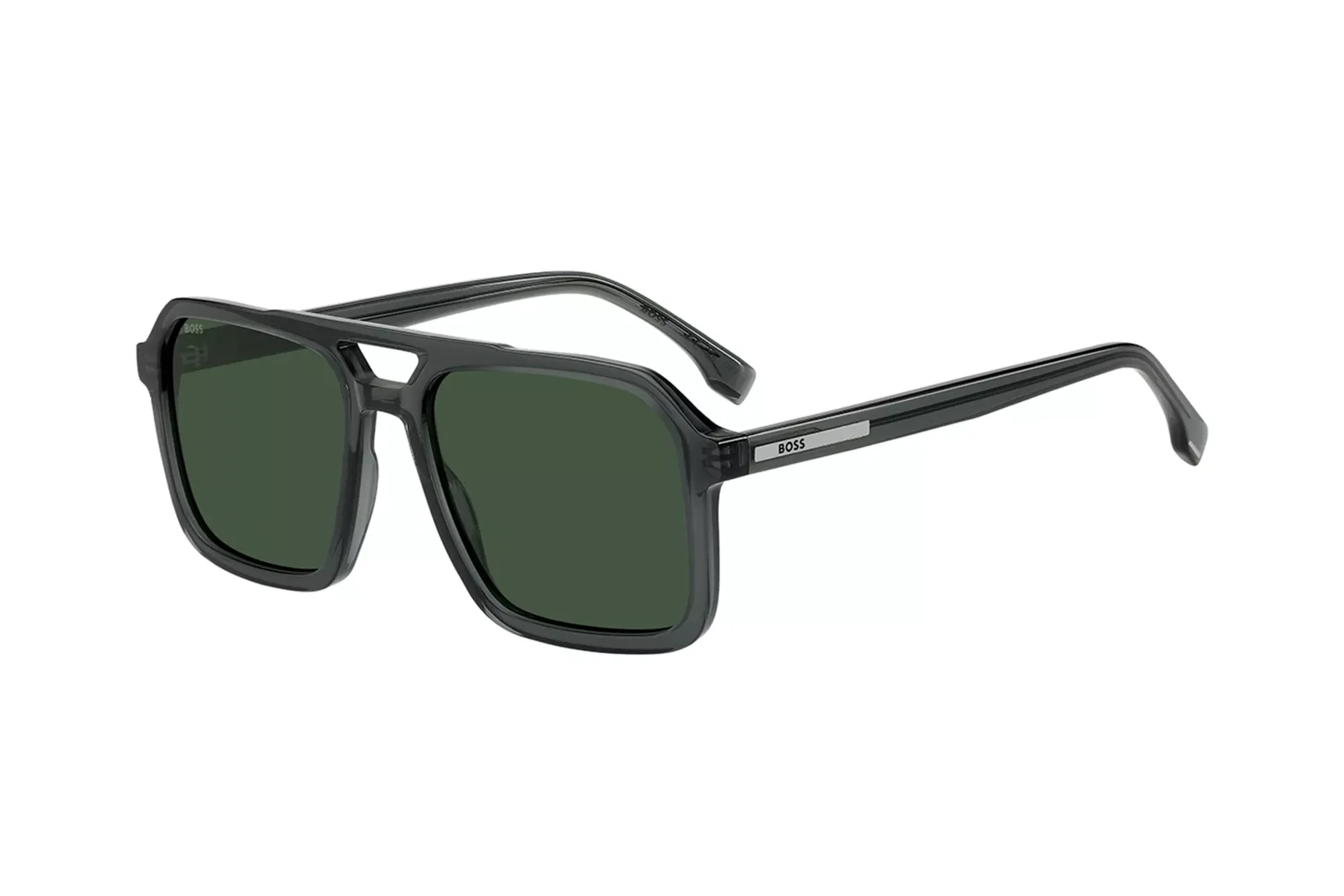 Hugo Boss gray sunglasses with green lenses.