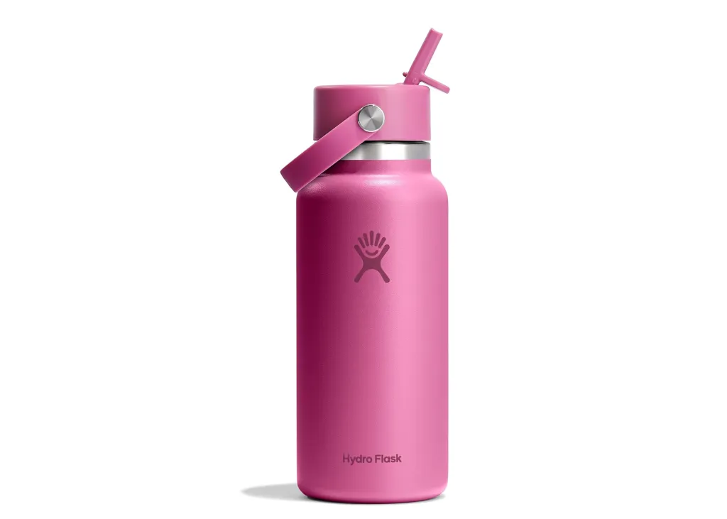 Pink Hydro Flask water bottle with a straw lid.