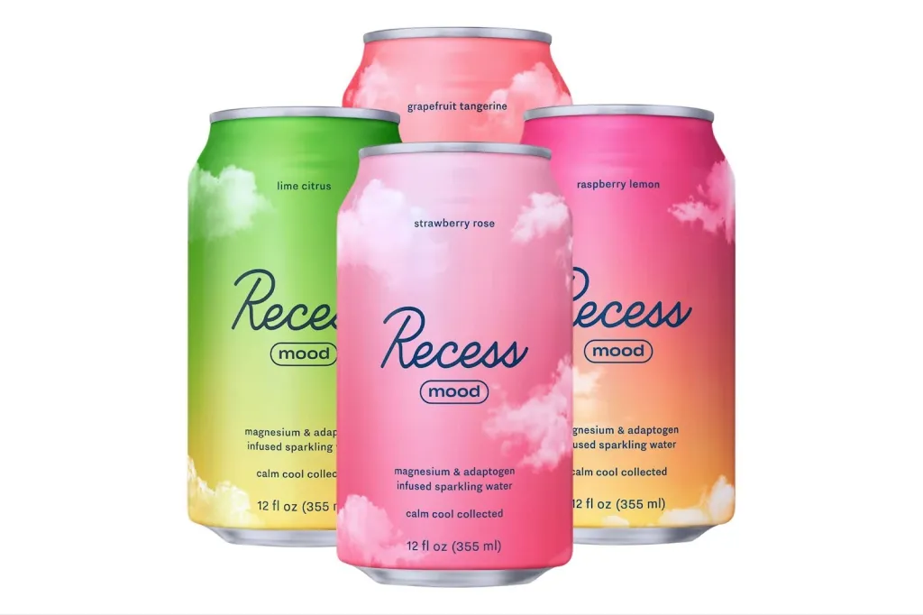 Illustration of Recess magnesium and adaptogen-infused sparkling waters in various pastel flavors.