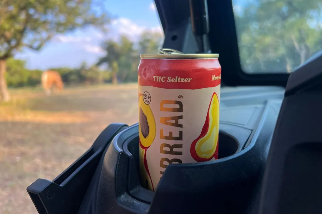 A can of "THC Seltzer" in a cup holder, with a blurred outdoor background showing a field and a horse.