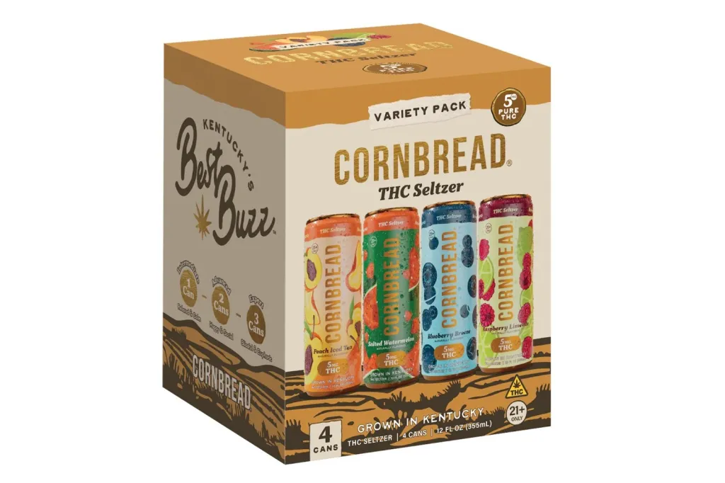 A variety pack of Cornbread THC Seltzer, featuring four cans in flavors: Peach Iced Tea, Salted Watermelon, Blueberry Breeze, and Raspberry Limeade.