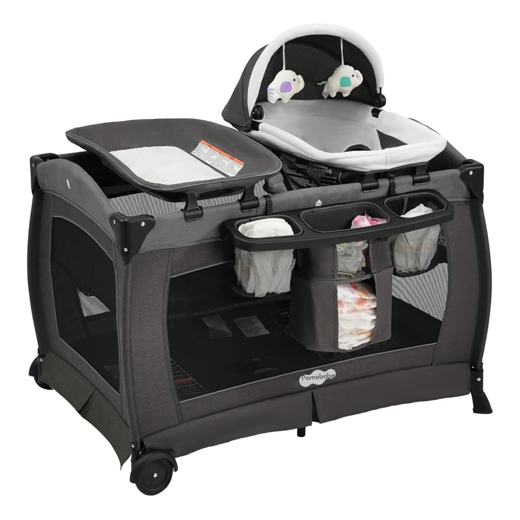 Gray baby playard with bassinet, changing station, and organizer.