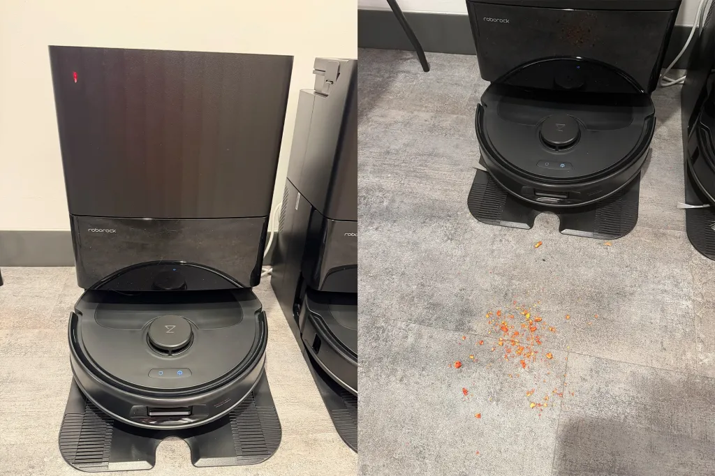 Collage of a robotic vacuum cleaner docked in its base, and another with debris on the floor near it.
