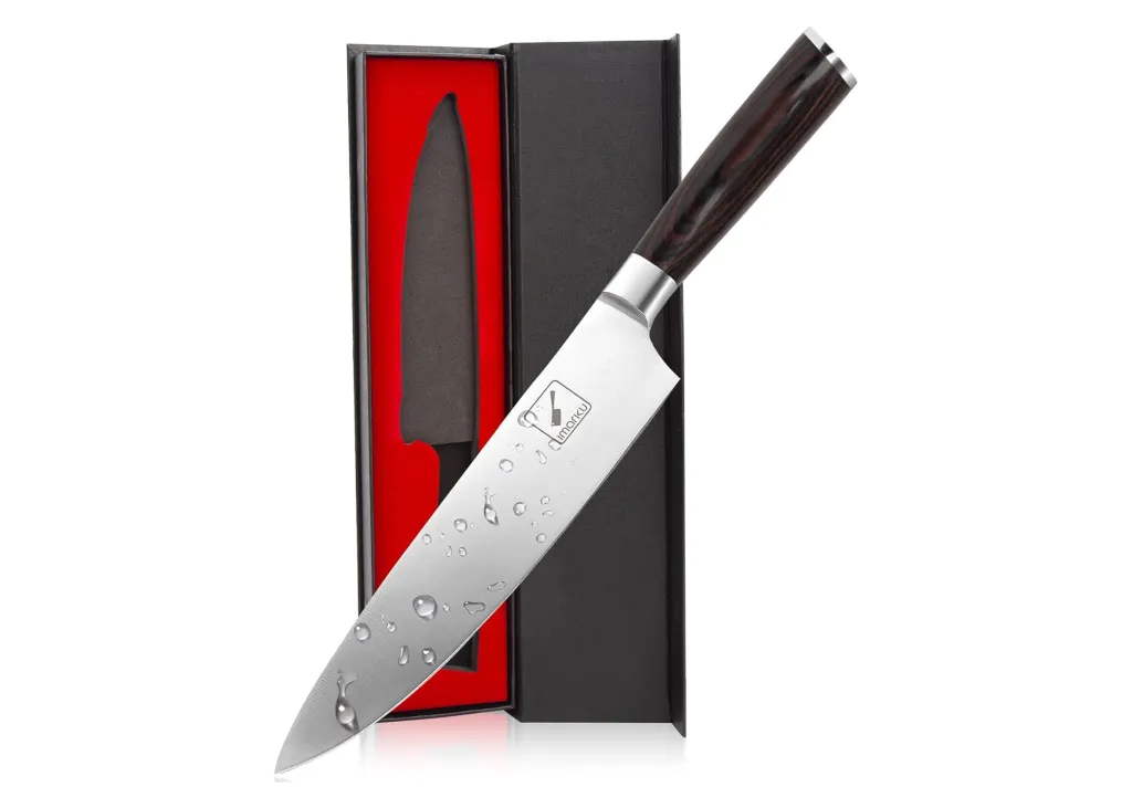 Imarku knife with a dark wooden handle, resting against its open black and red box, with water droplets on the blade.
