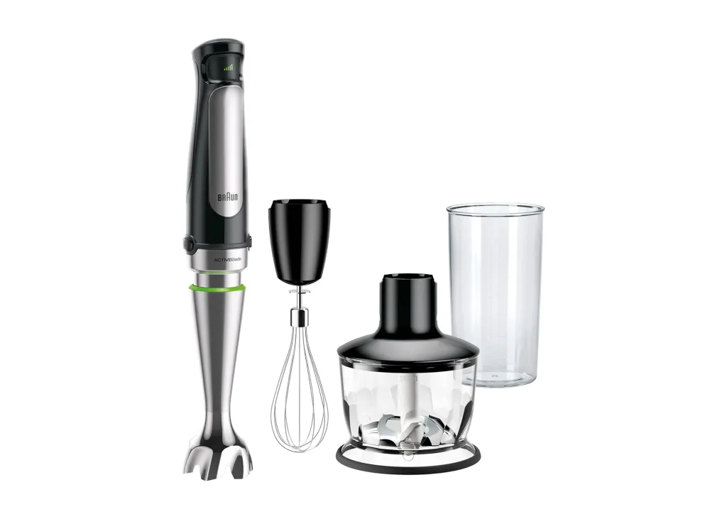 Braun Immersion Blender set with whisk, chopper, and beaker.