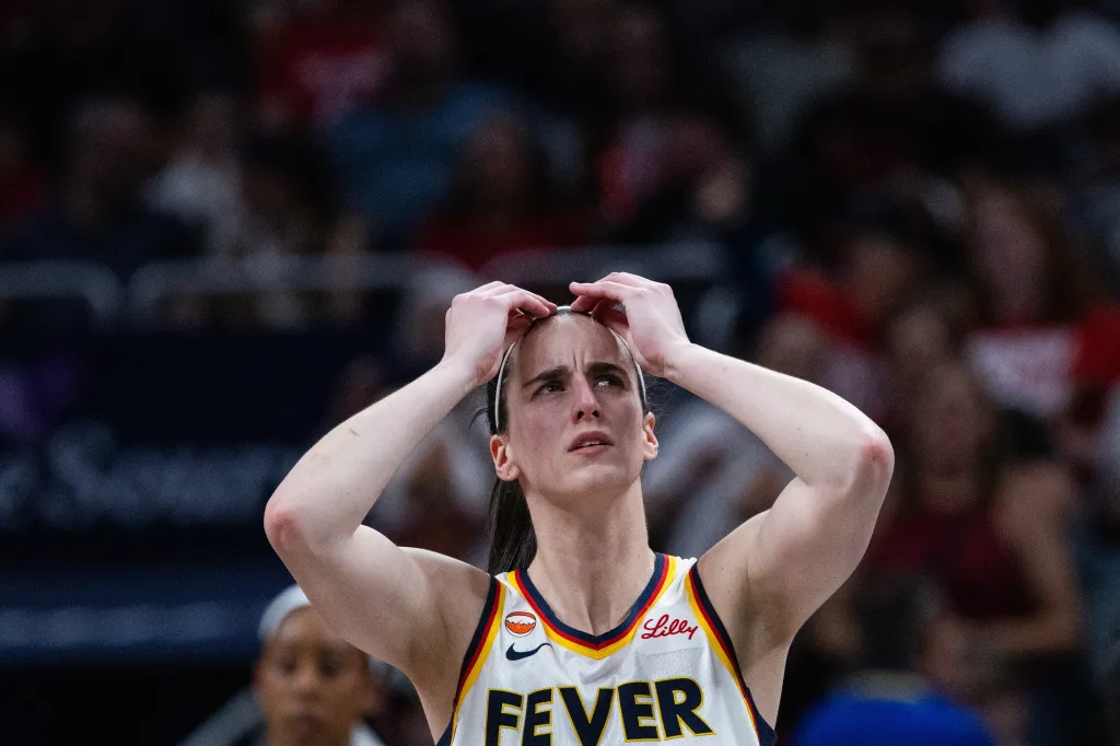 Caitlin Clark of the Indiana Fever reacts during a game against the Phoenix Mercury.