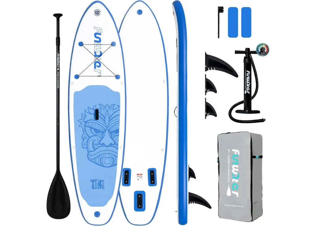 Funwater inflatable stand-up paddleboard, paddle, pump, fins, and carrying case.