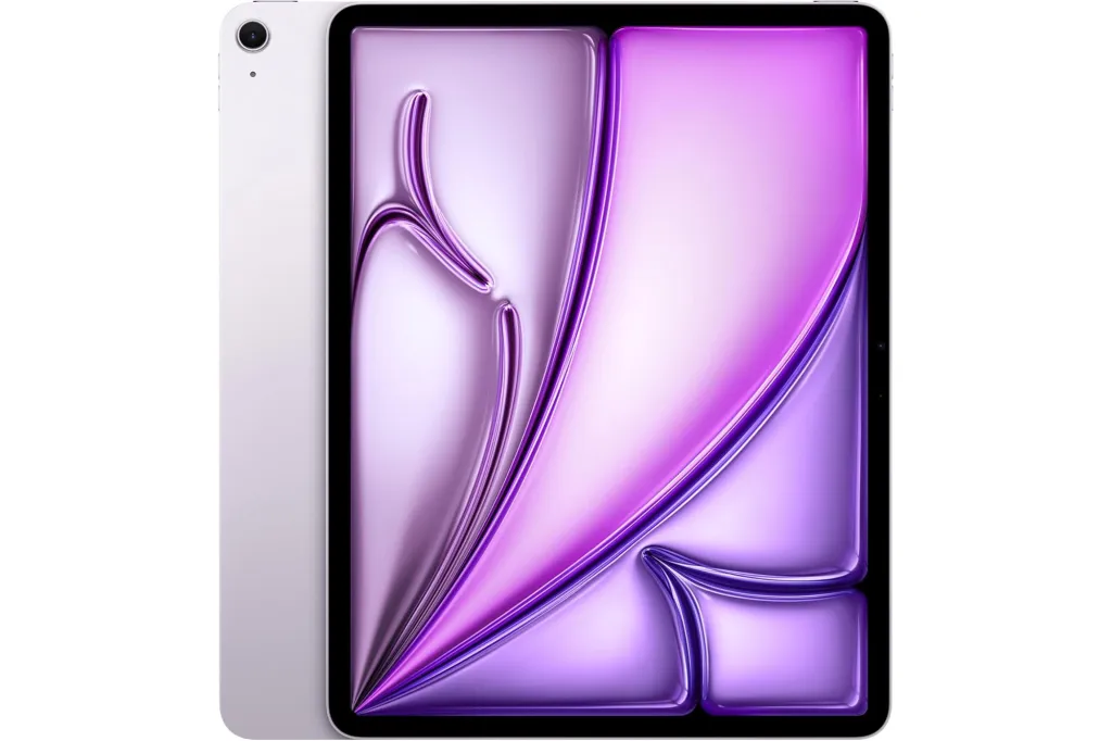 iPad Air 13-inch in purple, showing the back and the screen with an abstract purple and white design.