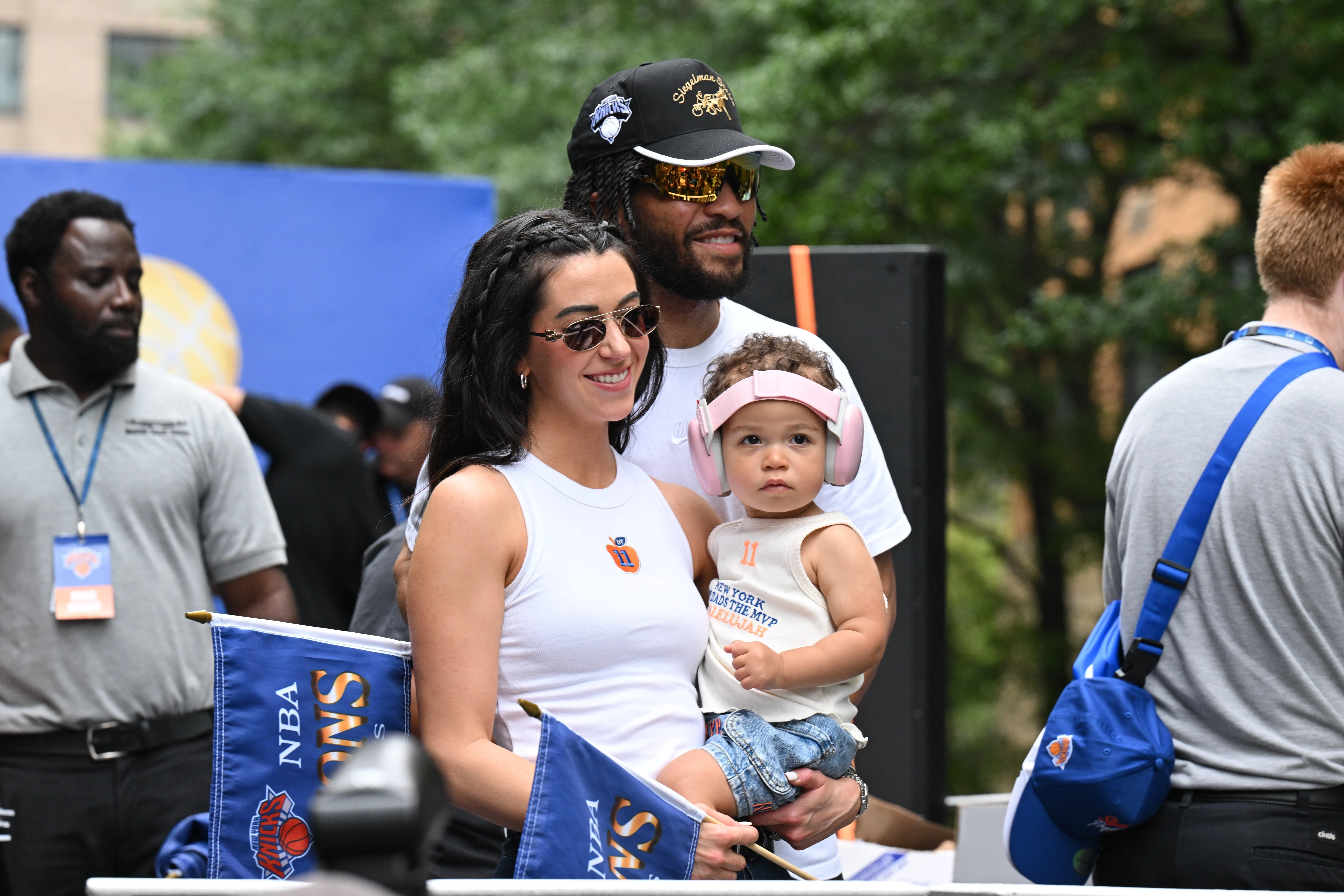 Jalen Brunson, wife Ali, and daughter Jordyn attend the 2026 New York Knicks NBA Championship Ticker-Tape Parade, 