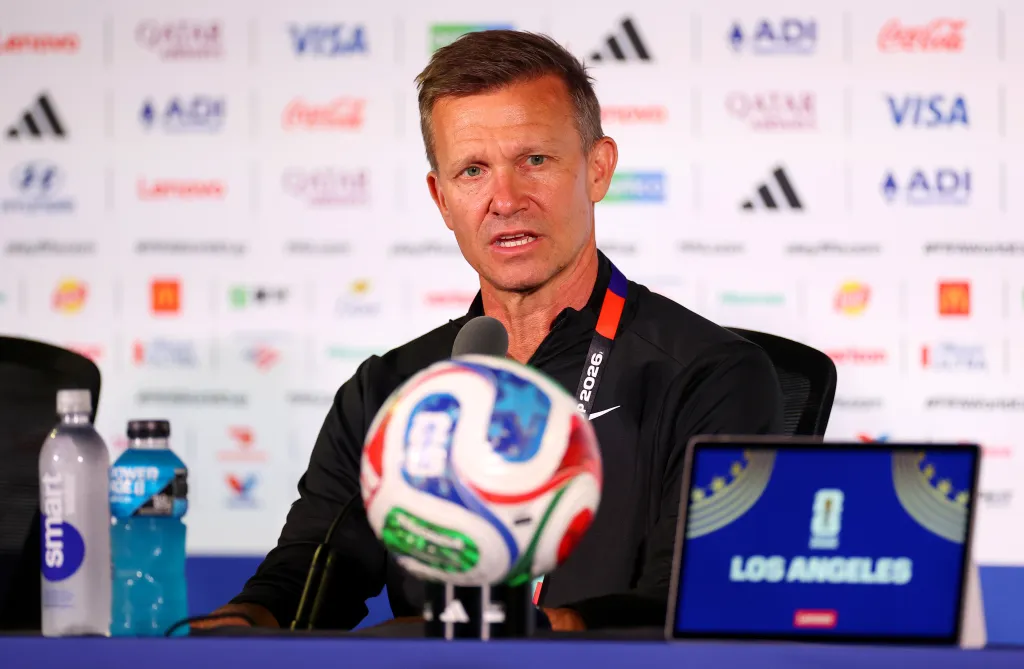 Jesse Marsch, Head Coach of Canada, speaking at a press conference after the FIFA World Cup 2026 Round Of 32 match between South Africa and Canada.
