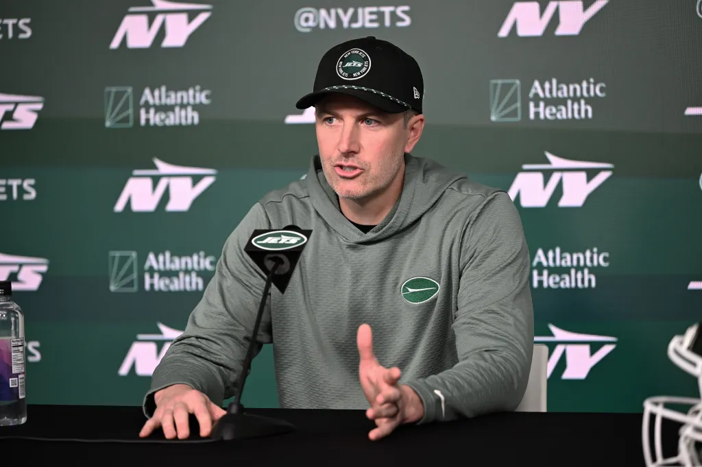 Jets general manager Darren Mougey speaking to media at a press conference.