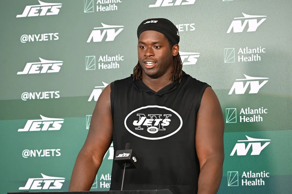 Olu Fashanu speaking to the media at minicamp.