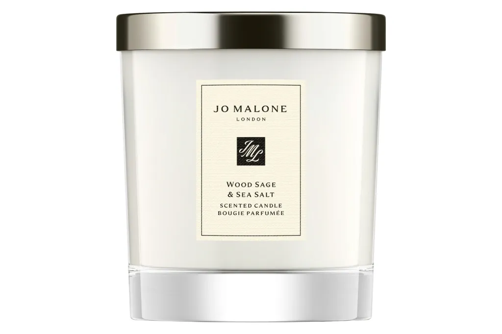 Jo Malone Wood Sage & Sea Salt Scented Candle in a white glass jar with a silver lid.