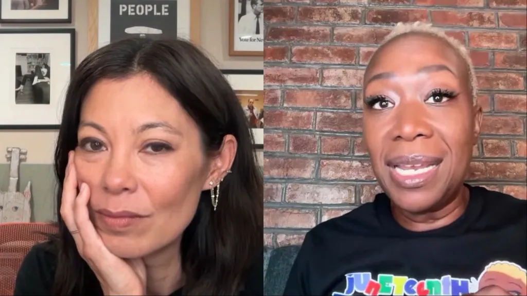 Collage of MSNBC hosts Alex Wagner and Joy Reid during an interview.
