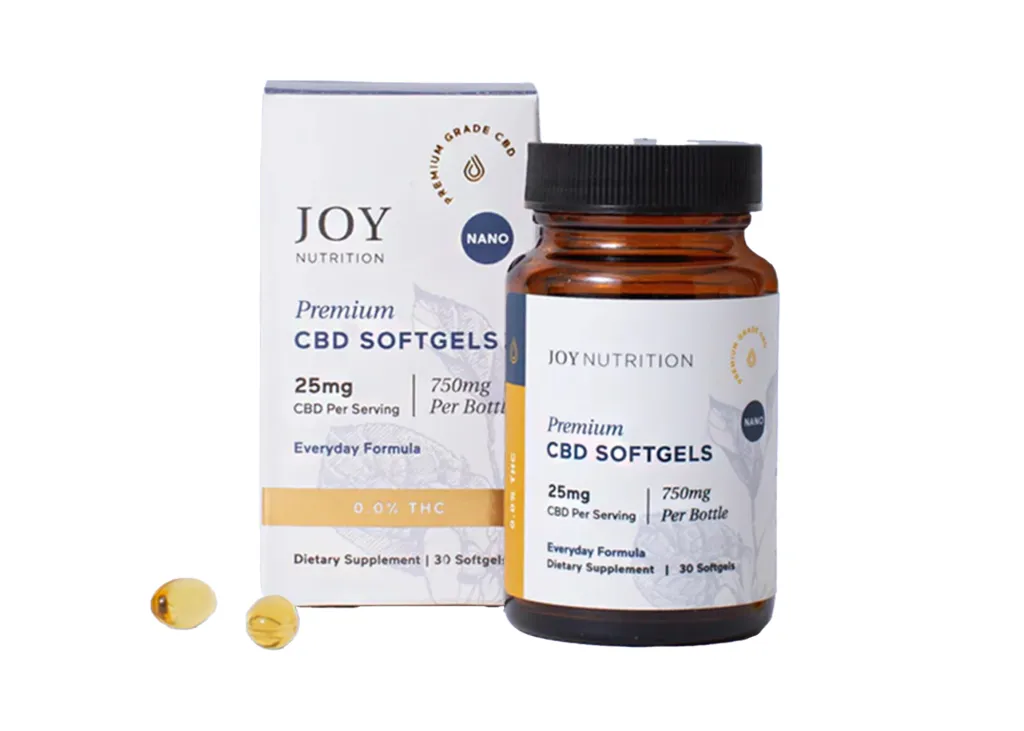 Joy Nutrition Premium CBD Softgels bottle and box with two softgels next to them.