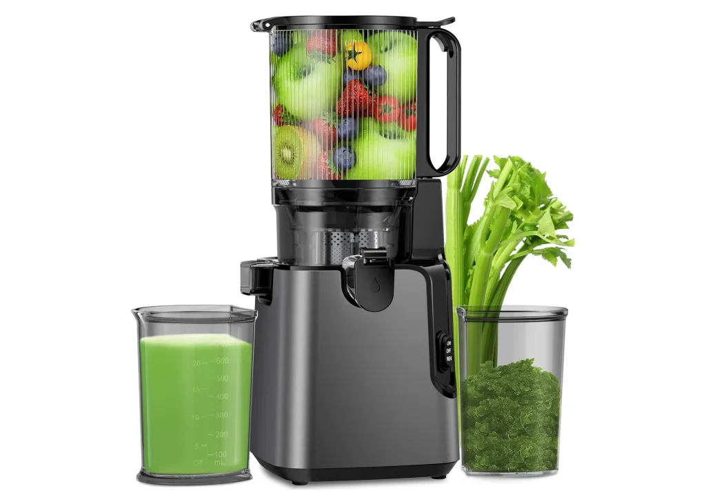 Illustration of a juicer with various fruits and vegetables.