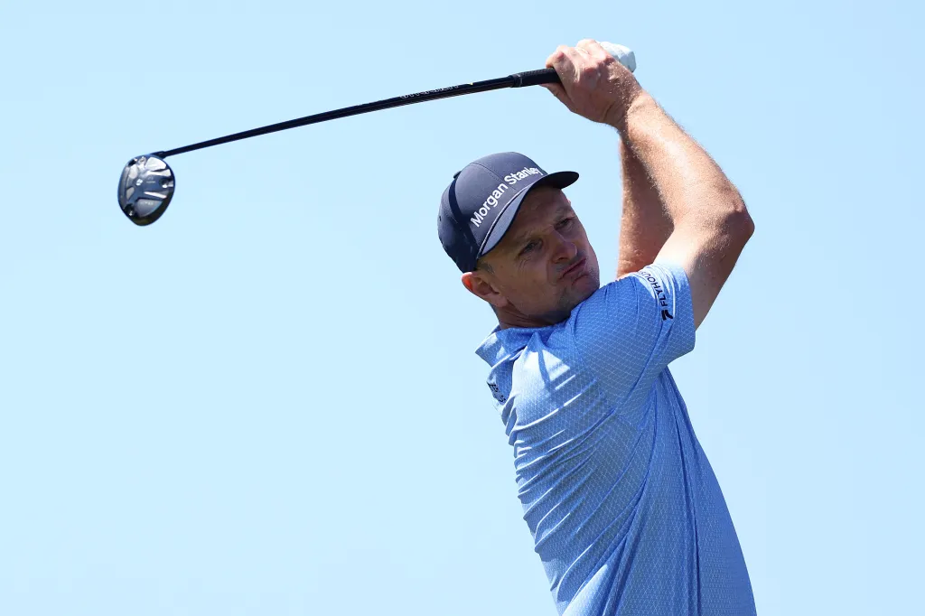 Justin Rose of England tees off on the 12th hole during a practice round prior to the 126th U.S. OPEN at Shinnecock Hills Golf Club on June 17, 2026 in Southampton, New York.