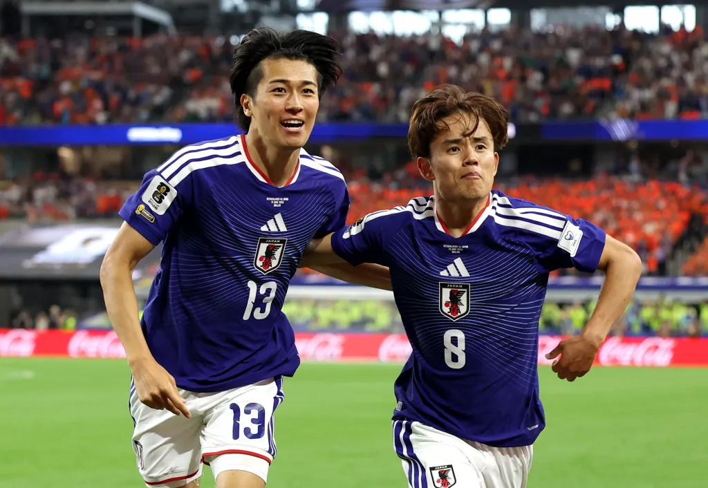 Keito Nakamura and Takefusa Kubo of Japan celebrating a goal during the FIFA World Cup 2026 Group F match against Netherlands.