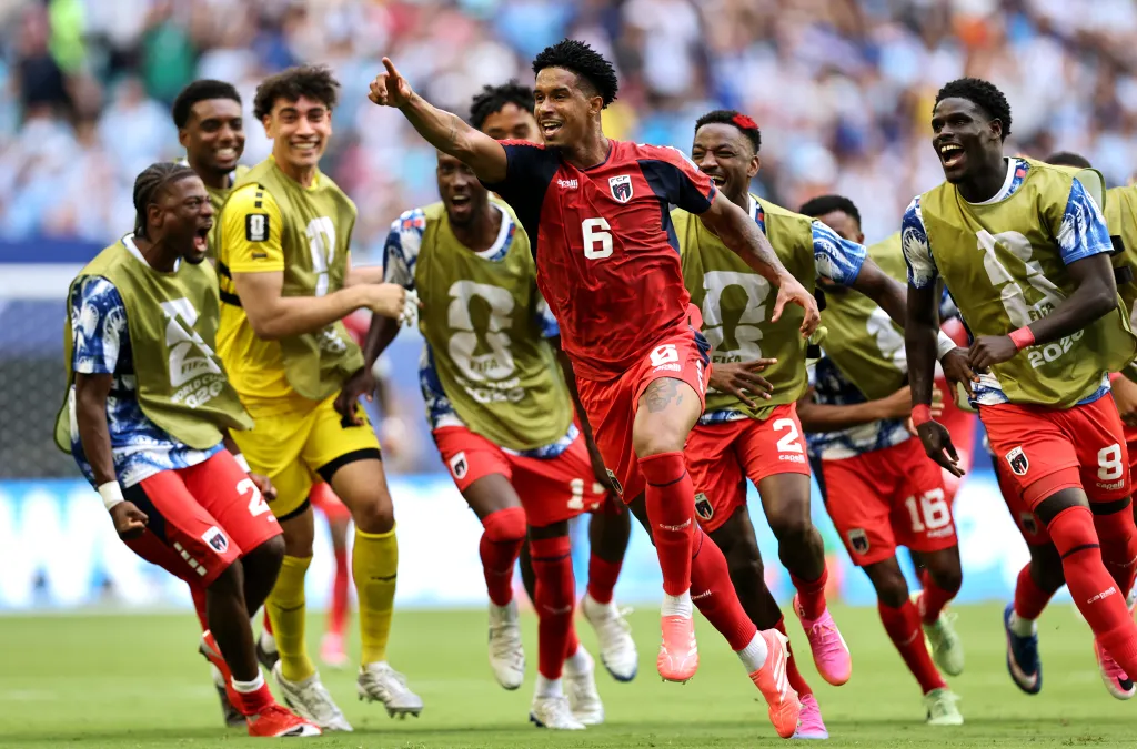 Kevin Pina #6 of Cabo Verde celebrates with teammates after scoring the team's first goal during the FIFA World Cup 2026 Group H match between Uruguay and Cabo Verde at Miami Stadium on June 21, 2026 in Miami Gardens, Florida.