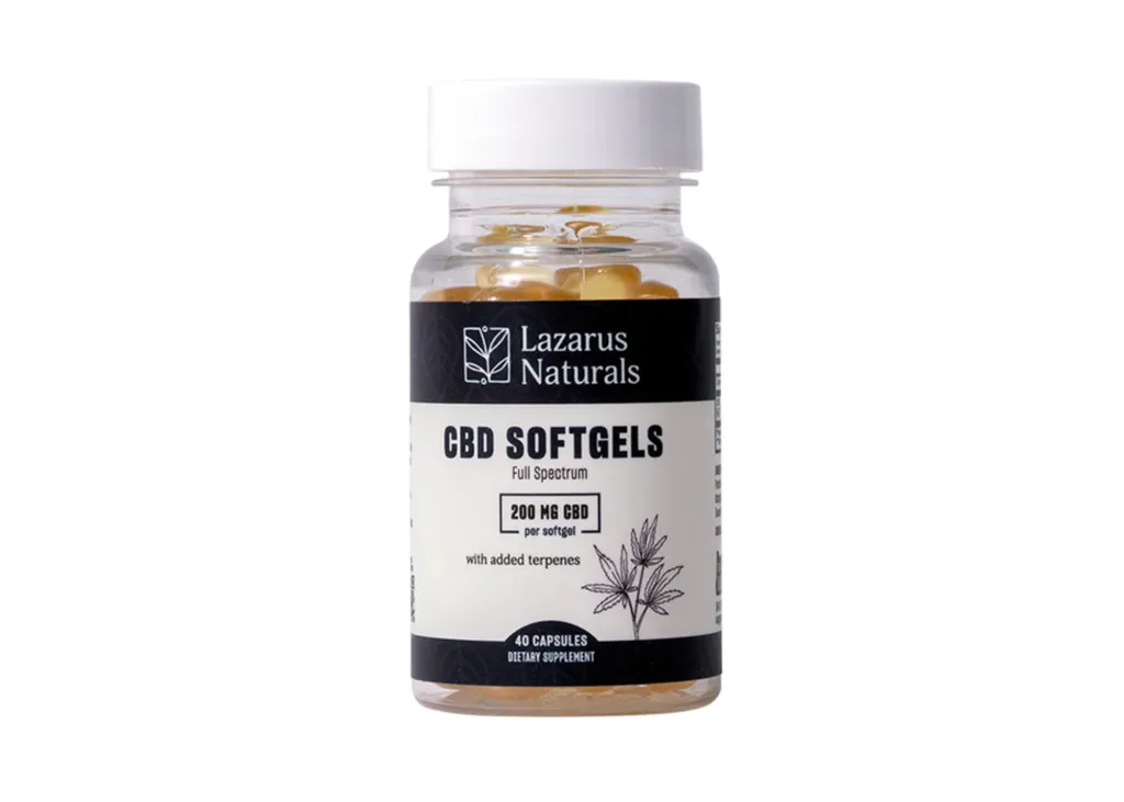 Lazarus Naturals CBD Softgels, Full Spectrum, 200mg CBD per softgel with added terpenes, 40 capsules.