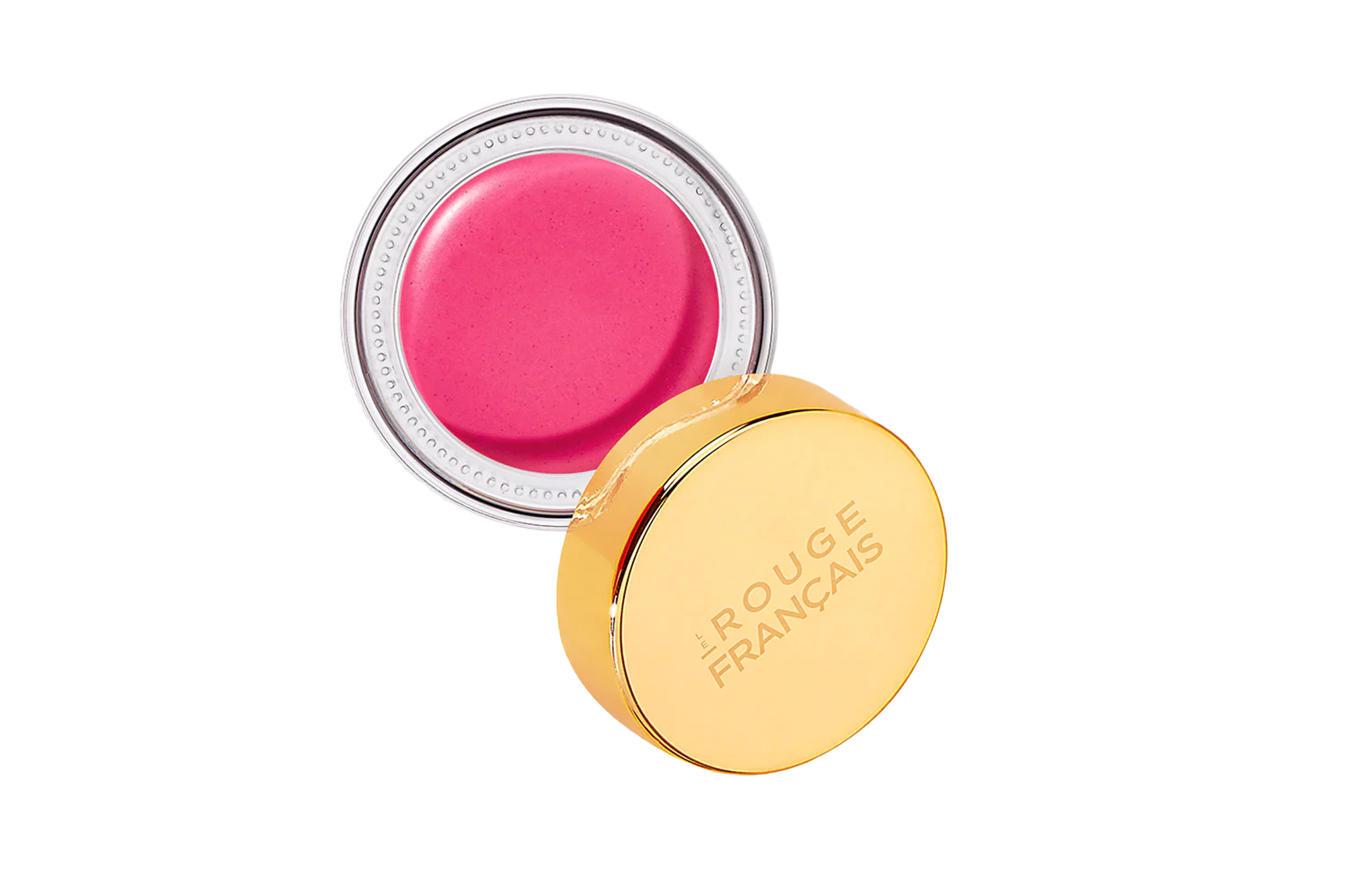 Open jar of Le Rouge Français blush in a bright pink shade.
