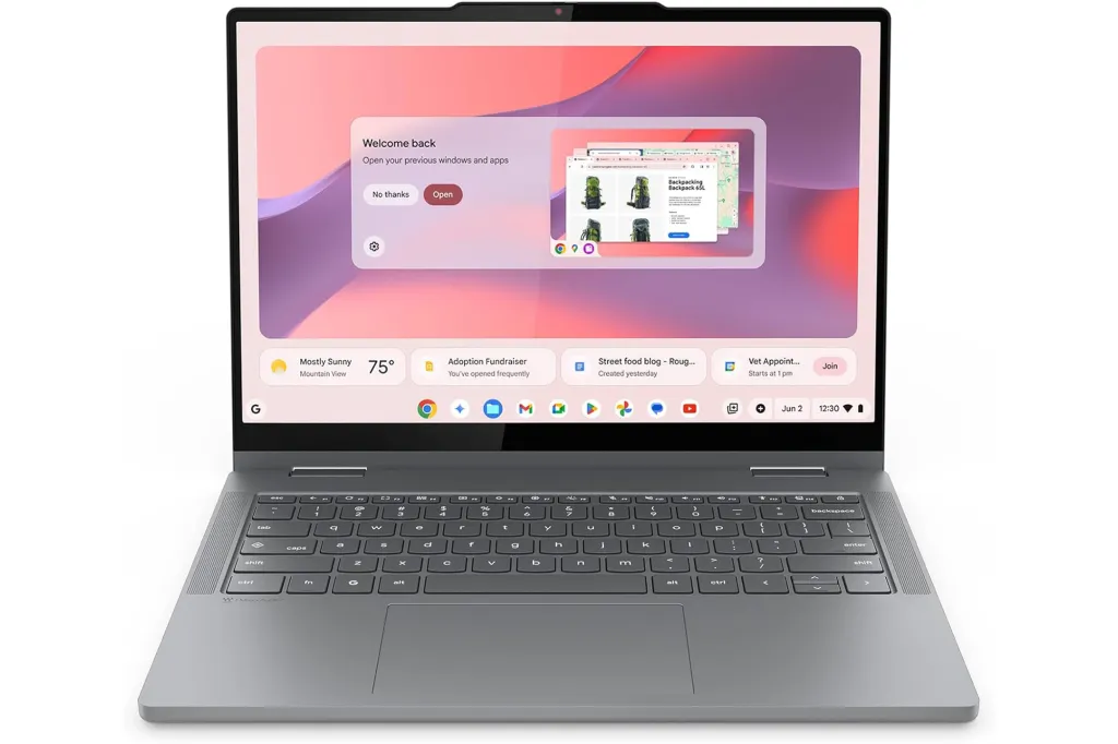 Lenovo Chromebook showing a pop-up window to open previous windows and apps, with a browsing window for backpack reviews in the background.