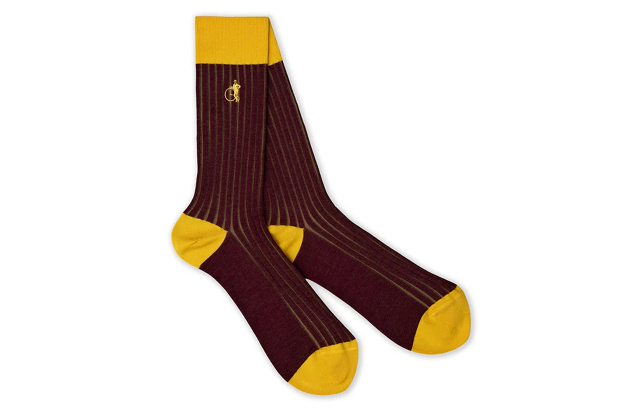 A pair of London Sock Co. Cab socks, featuring maroon ribbed fabric with thin gold stripes, a gold embroidered logo on the upper cuff, and solid gold cuffs, heels, and toes.