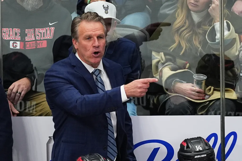 Los Angeles Kings head coach Jim Hiller directs his players during a game.