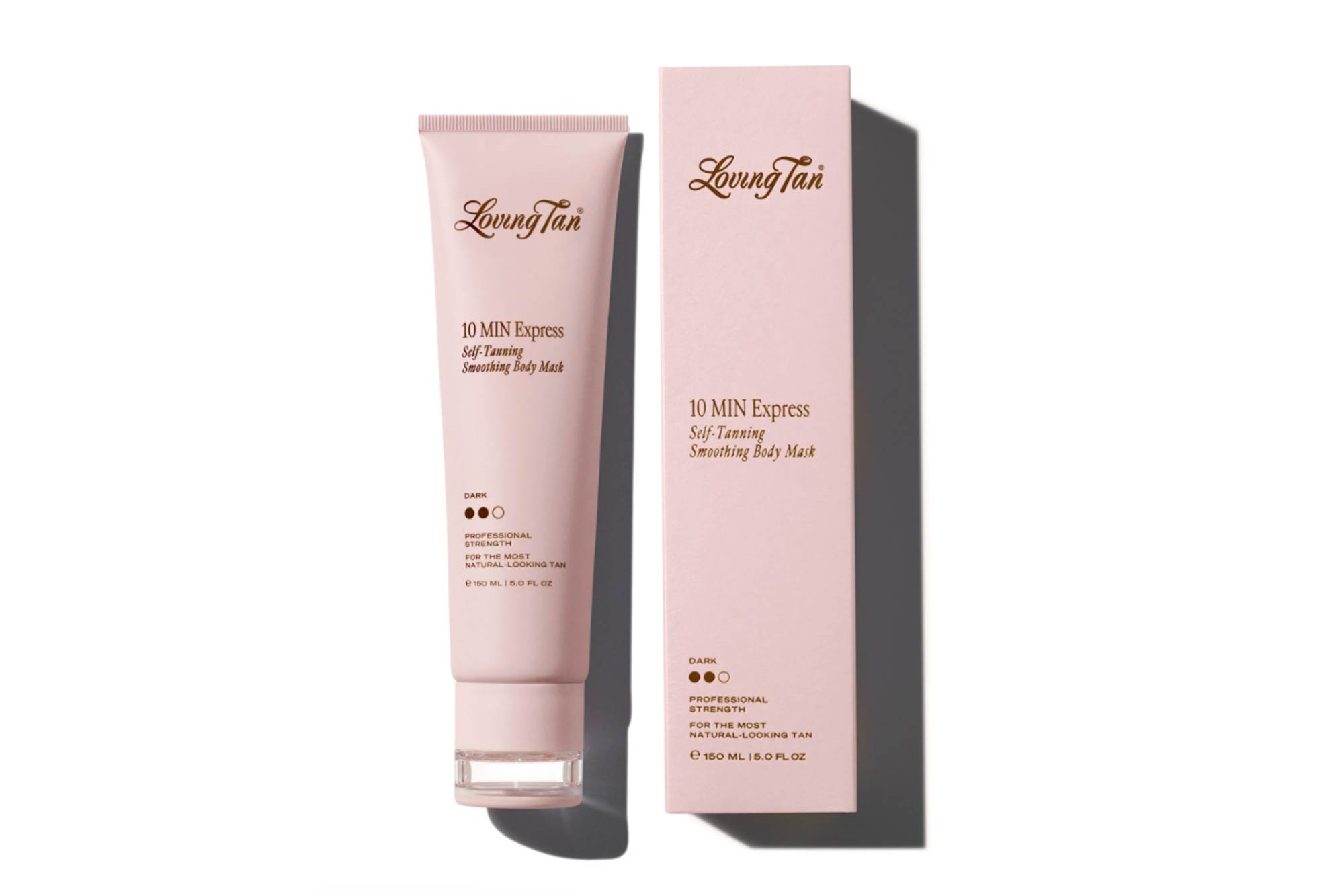 Loving Tan 10 Min Express Self-Tanning Smoothing Body Mask in a tube and box.