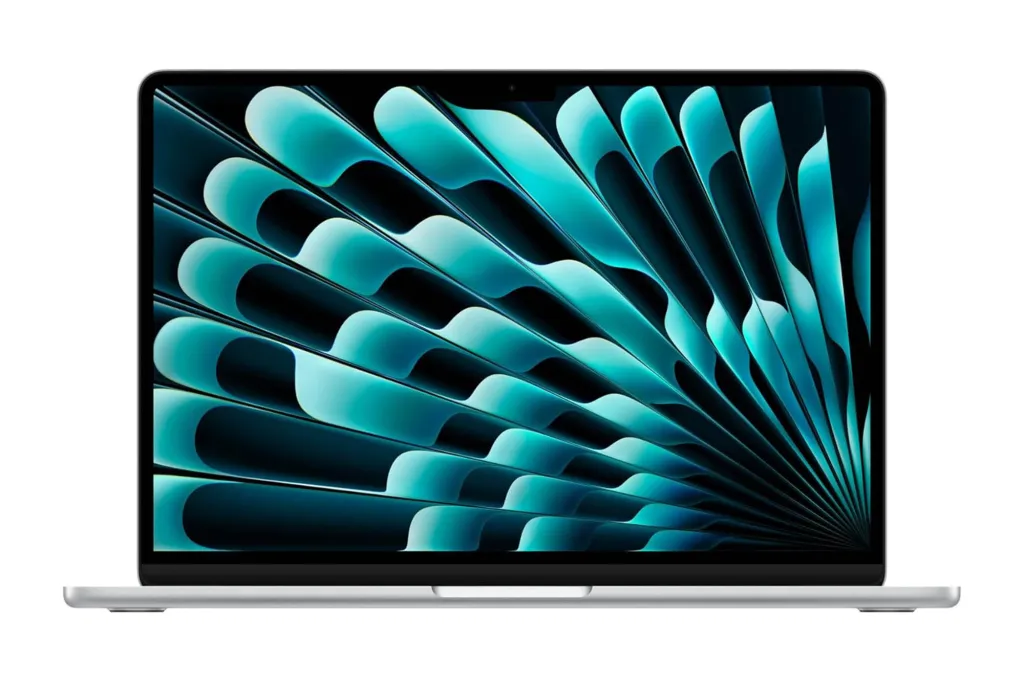 Silver MacBook laptop with a blue abstract design on the screen.