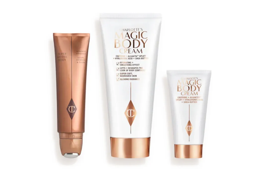 Three Charlotte Tilbury body products, including Super Model Body and two sizes of Magic Body Cream.