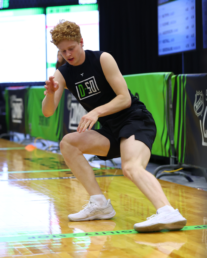 Malte Gustafsson #50 performing the pro agility test at the 2026 NHL Scouting Combine.