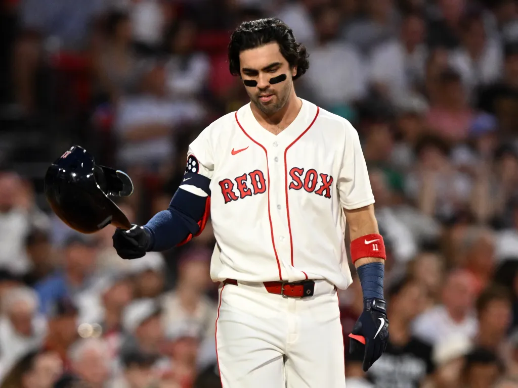 Marcelo Mayer of the Boston Red Sox reacts after striking out.