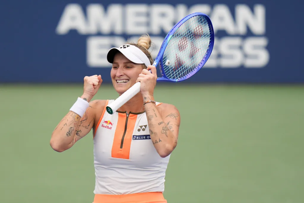 Marketa Vondrousova, of the Czech Republic, reacts after defeating Jasmine Paolini, of Italy, during the third round of the U.S. Open tennis championships, Friday, August 29, 2025, in New York.