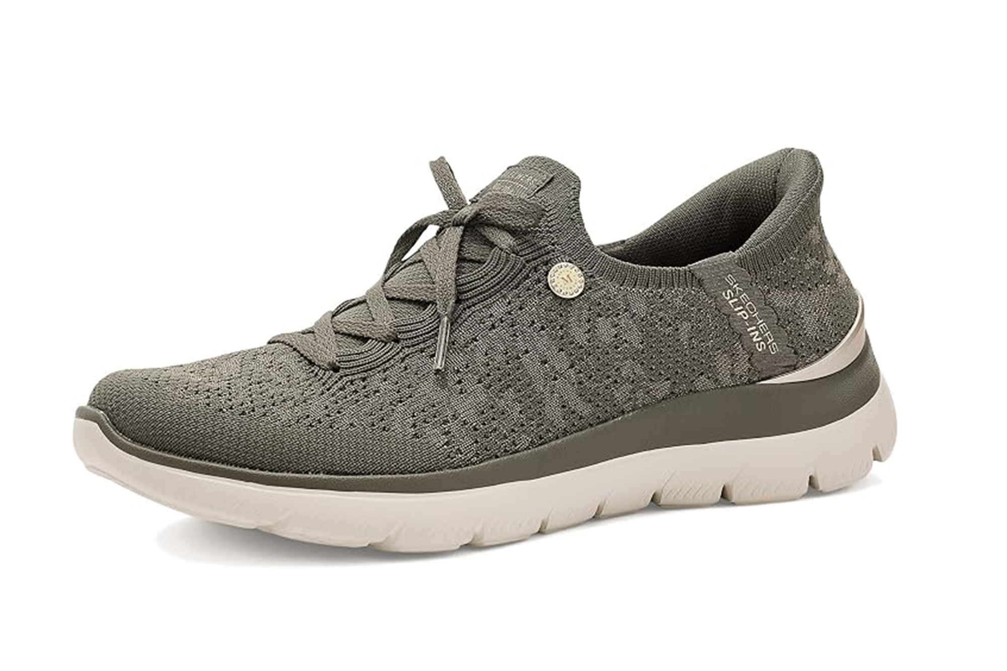 A single olive green Skechers Slip-ins sneaker with white and beige soles.