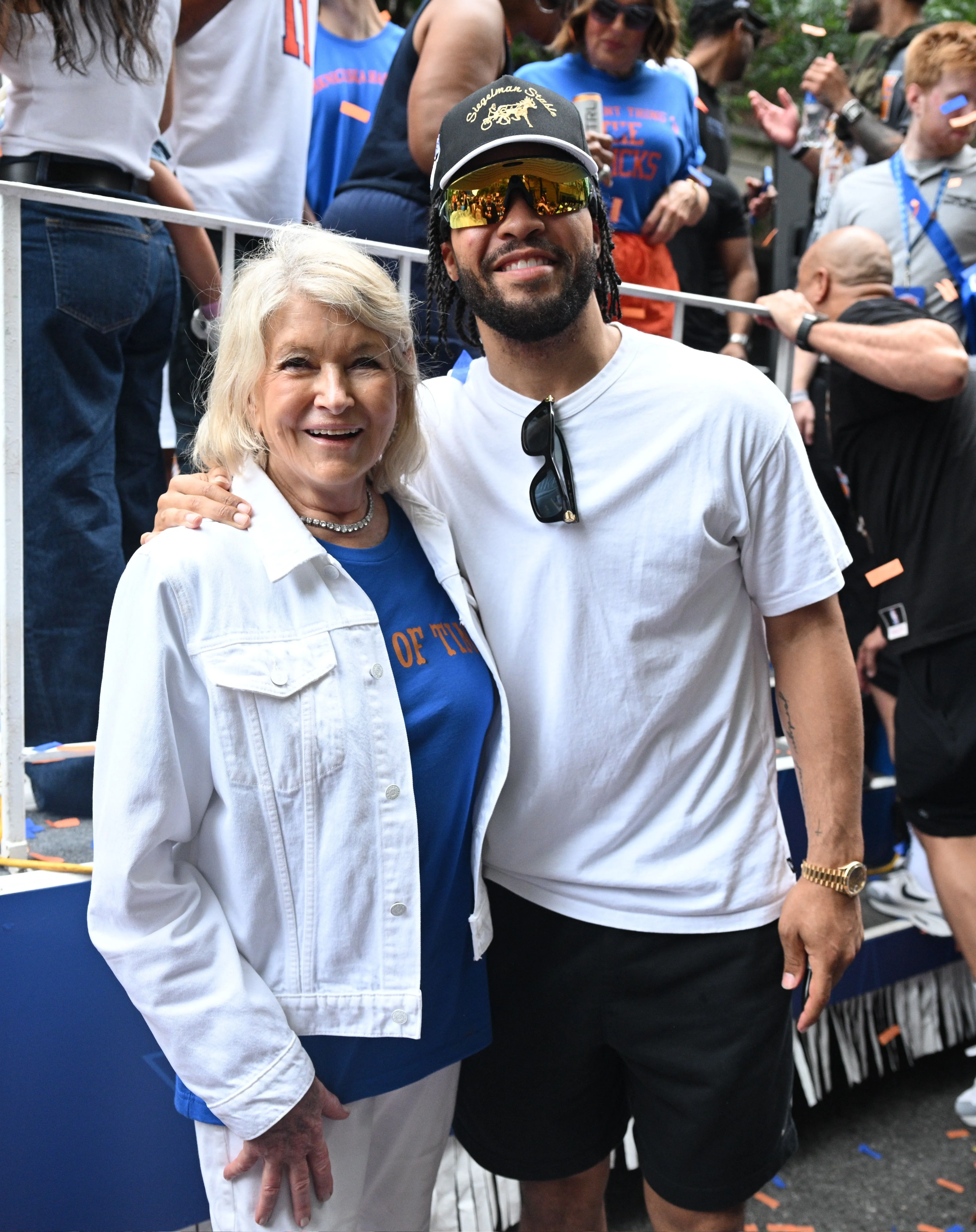 Martha Stewart and Jalen Brunson attend the 2026 New York Knicks NBA Championship Ticker-Tape Parade, 