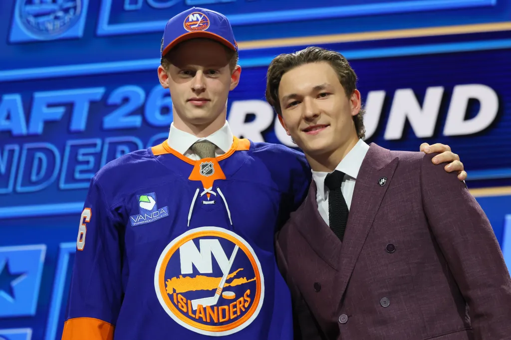 Matthew Schaefer and Malte Gustafsson at the 2026 NHL Draft.