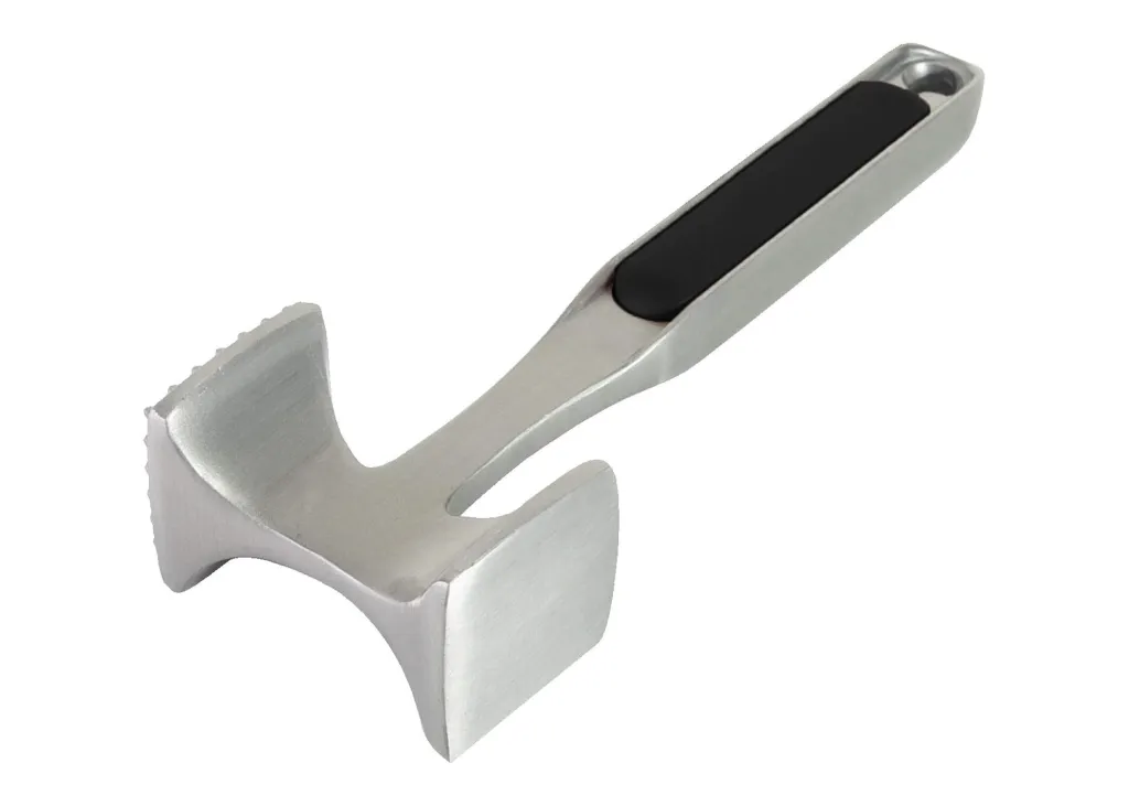Meat tenderizer with a flat side and a textured side, and a black grip on the handle.