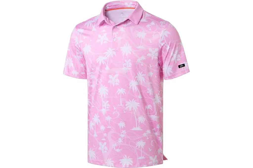 Pink men's polo shirt with a white palm tree pattern.
