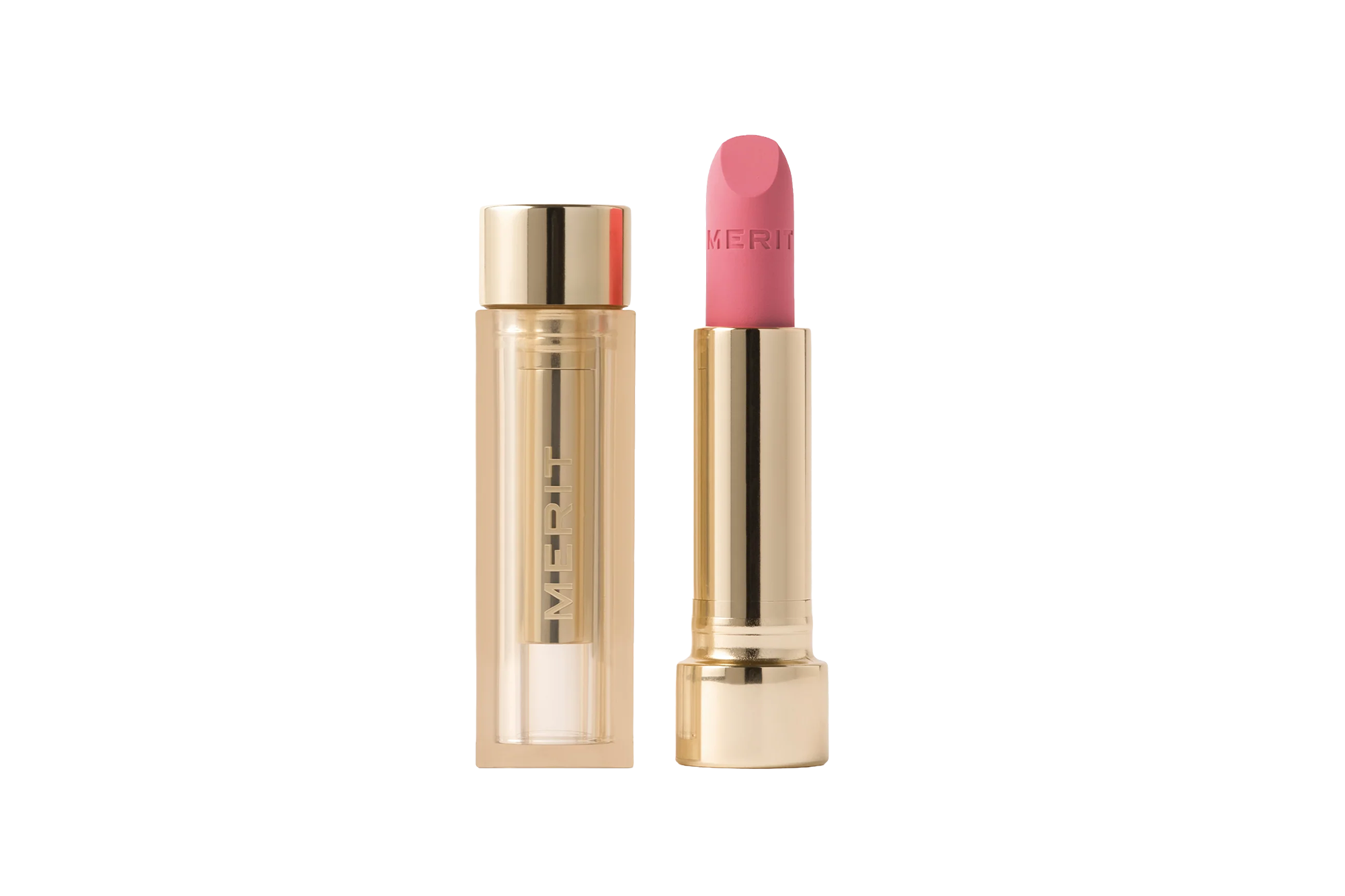 Merit lipstick in a gold tube with a peach shade, half of the lipstick case is transparent and shows the brand name "MERIT".