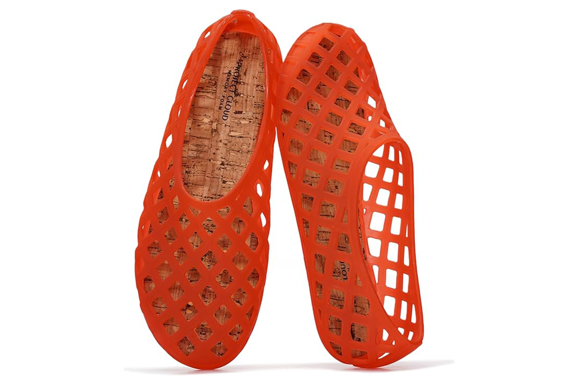 Pair of orange mesh flats with cork insoles.
